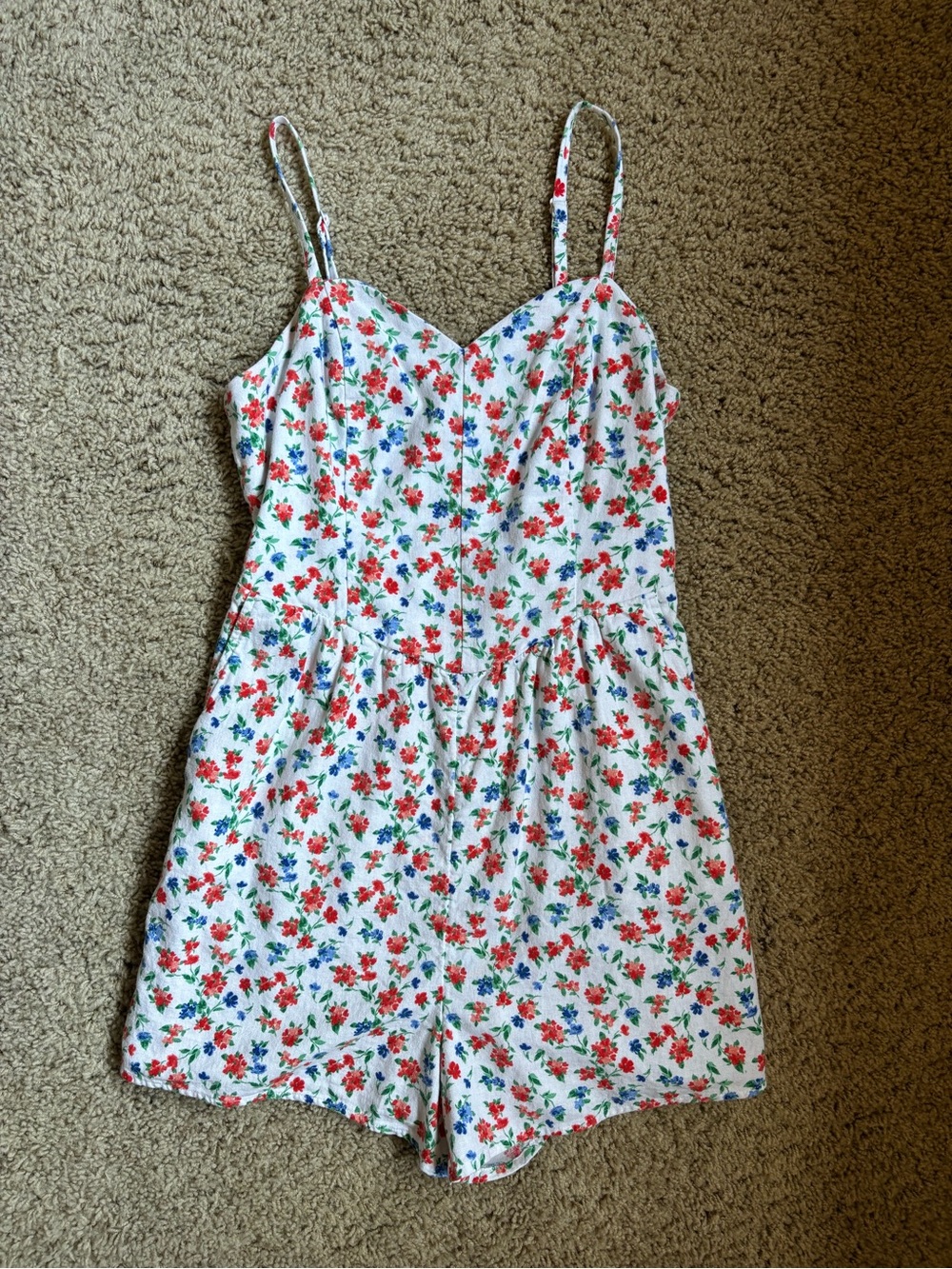 Old Navy White Floral Spaghetti Strap Romper with Red & Blue Blooms